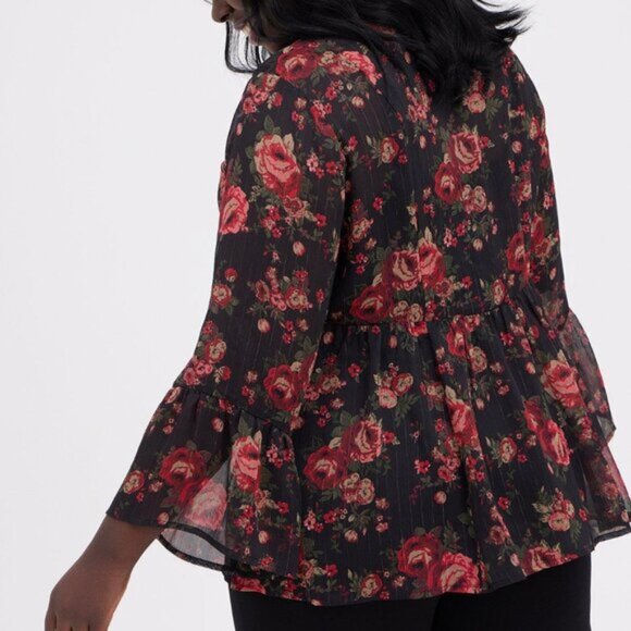 Black Torrid Chiffon Blouse Sheer Babydoll Lurex Crochet Boho Red Floral… - Picture 5 of 11